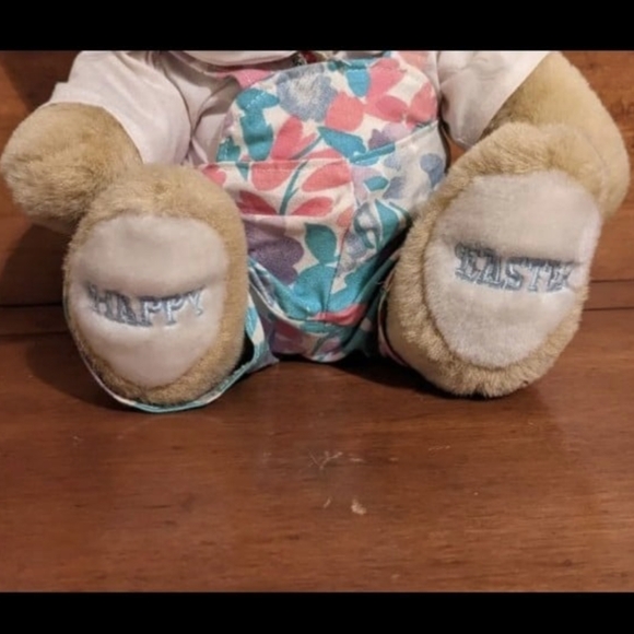 HAPPY EASTER Tan Bunny Rabbit Wearing Overalls & Straw Hat Plush Toy - Picture 7 of 7